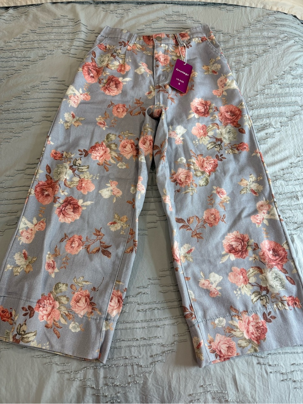 Floral Wide-Leg Crop Pants - Light Blue - Picture 4 of 15